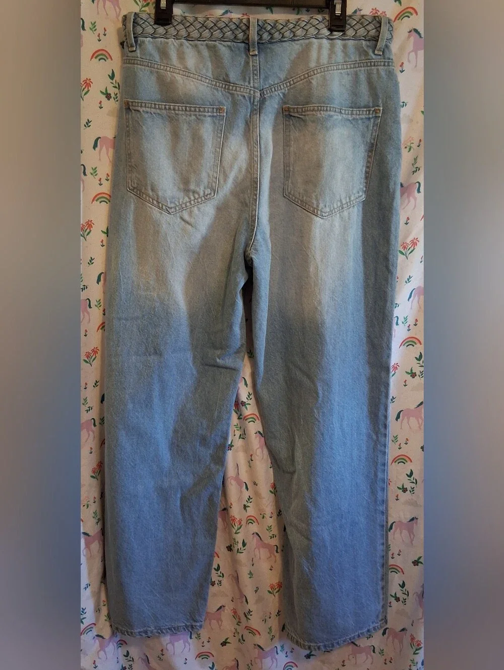 EUC Y2K Denim Co. Light Blue Braided Waist Baggy Flare Boho Jean Pants SZ 10